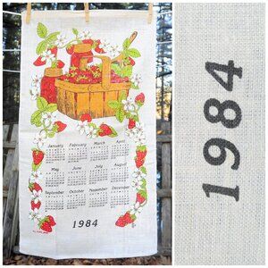VTG 1984 Linen Calendar Towel Strawberry Basket & Preserves, Strawberry Vines